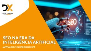 Mão de robô a tocar na palavra SEO, simbolizando o SEO na era da inteligência artificial