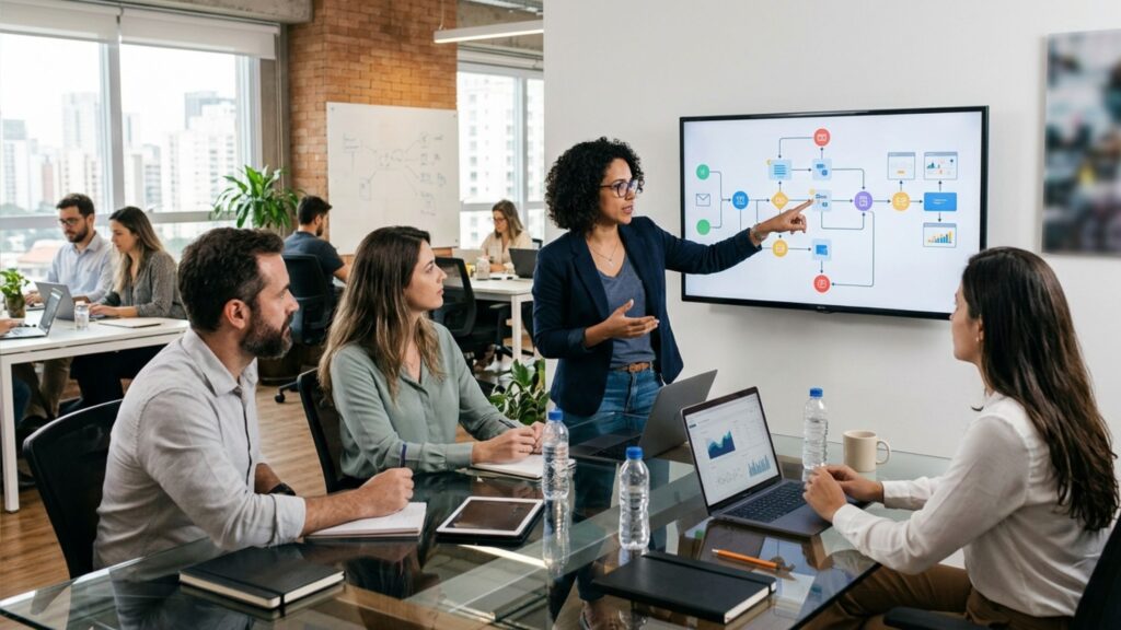 Profissional a aplicar consultoria em automação de marketing numa agência digital