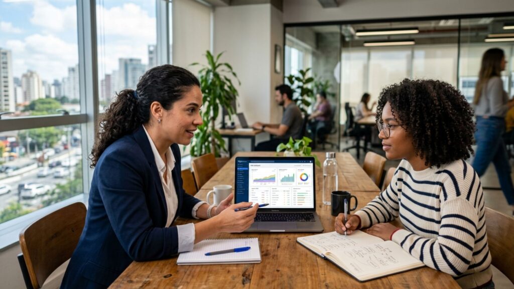 Especialista a analisar dados de SEO e tráfego orgânico num computador