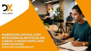 Equipa a trabalhar com marketing digital com inteligência artificial numa agência