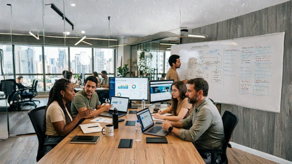Especialistas em marketing digital a analisar campanhas e resultados numa agência