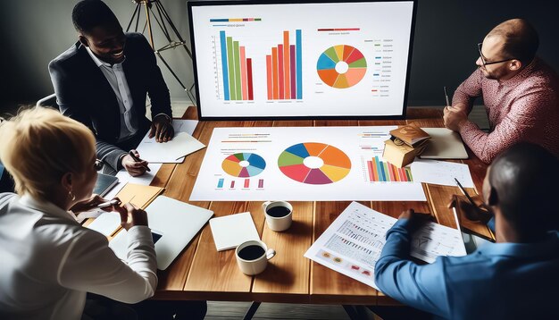 grupo em reuniao com graficos agencia de marketing digital