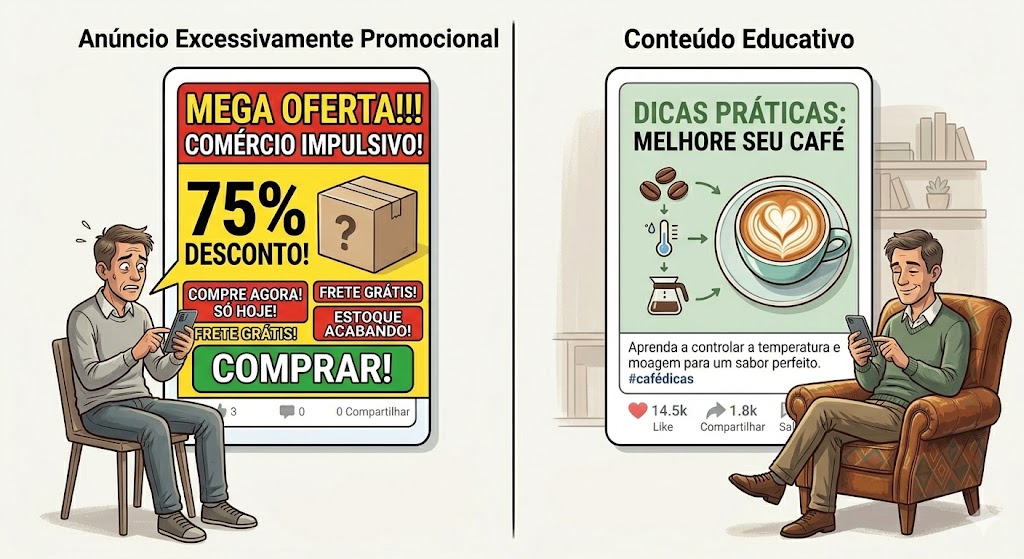 anuncio excessivamente promocional vs conteudo educativo agencia de marketing digital