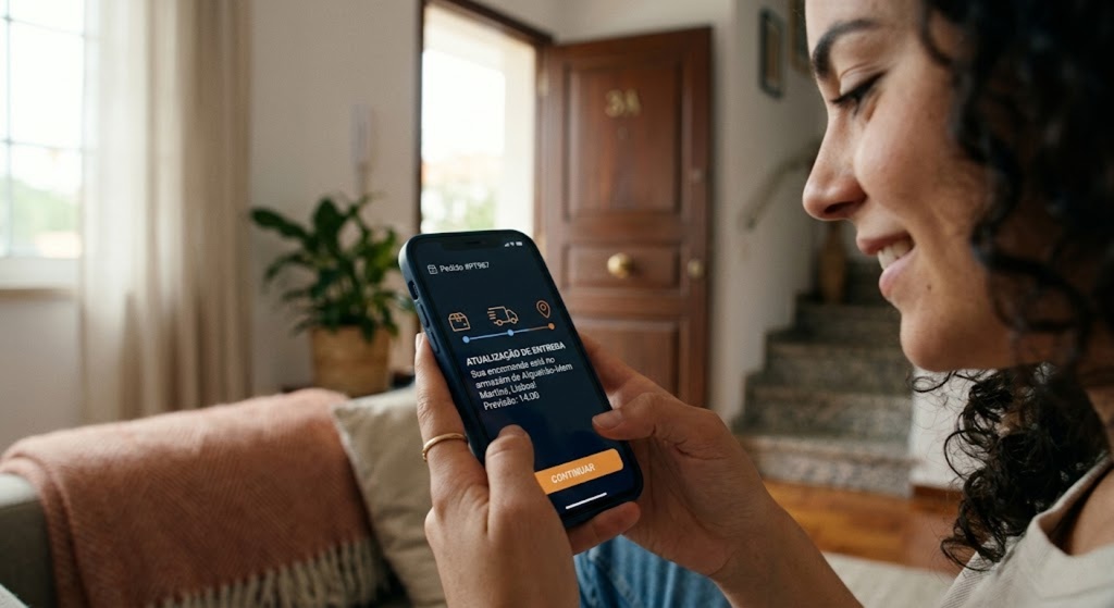 cliente a receber uma atualizacao de entrega no telemovel agencia de marketing digital