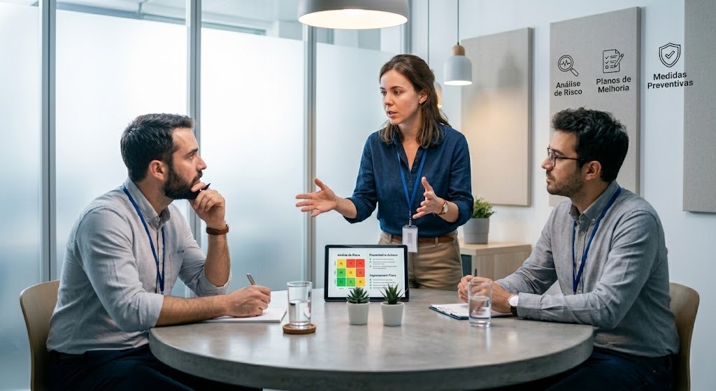 lider empresarial numa reuniao a discutir riscos agencia de marketing digital