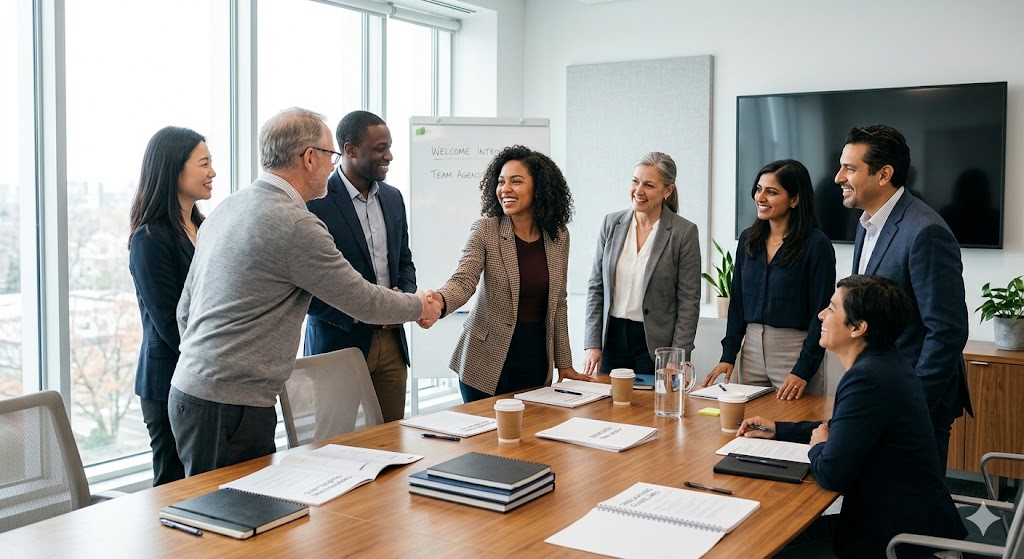 novo colaborador numa reuniao agencia de marketing digital