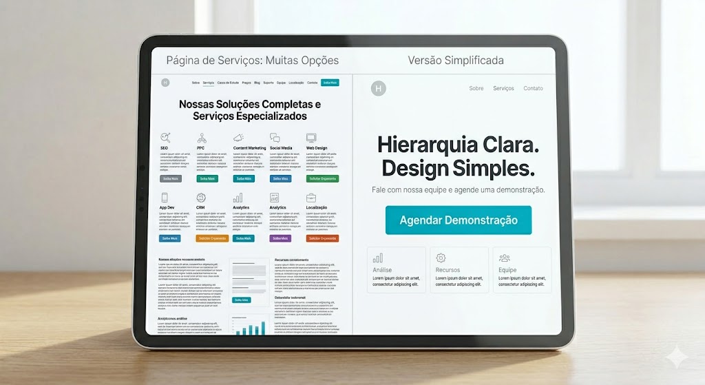 pagina de servicos muitas opcoes vs simplificada agencia de marketing digital