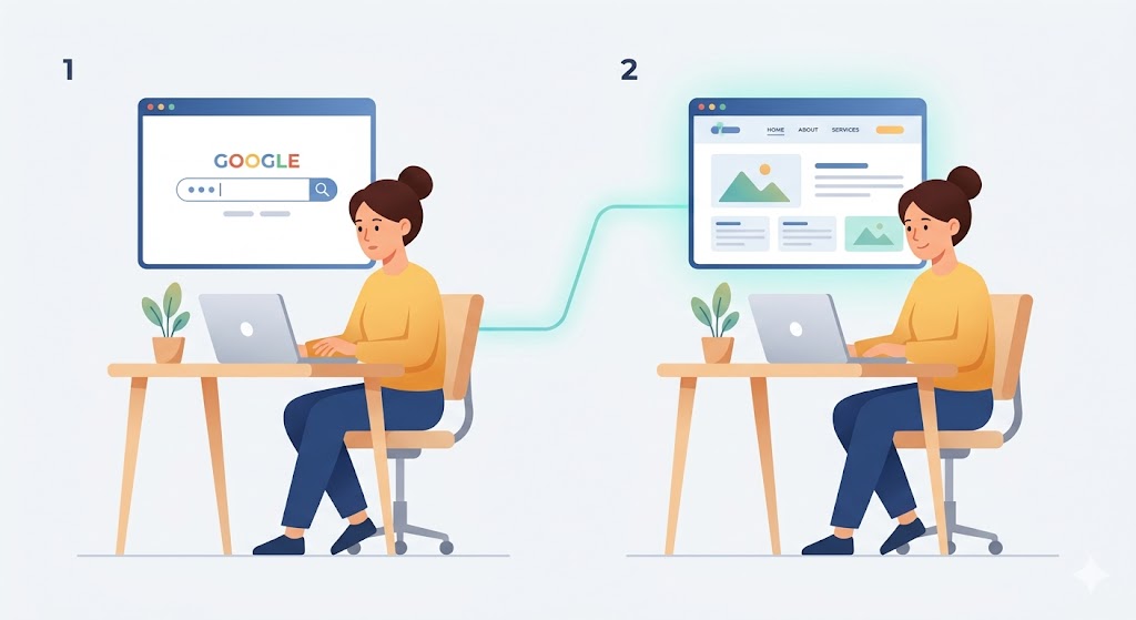 pessoa a pesquisar no google e a navegar num website agencia de marketing digital