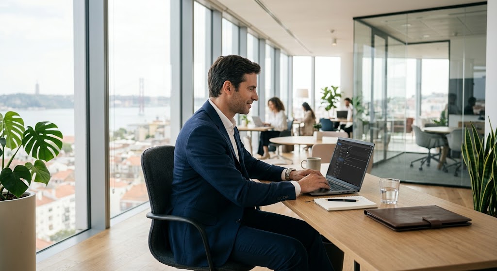 profissional a enviar um email de trabalho num escritorio agencia de marketing digital