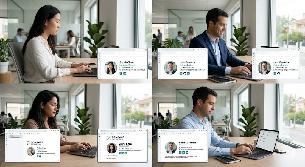 varios colaboradores com assinaturas de email padronizadas agencia de marketing digital